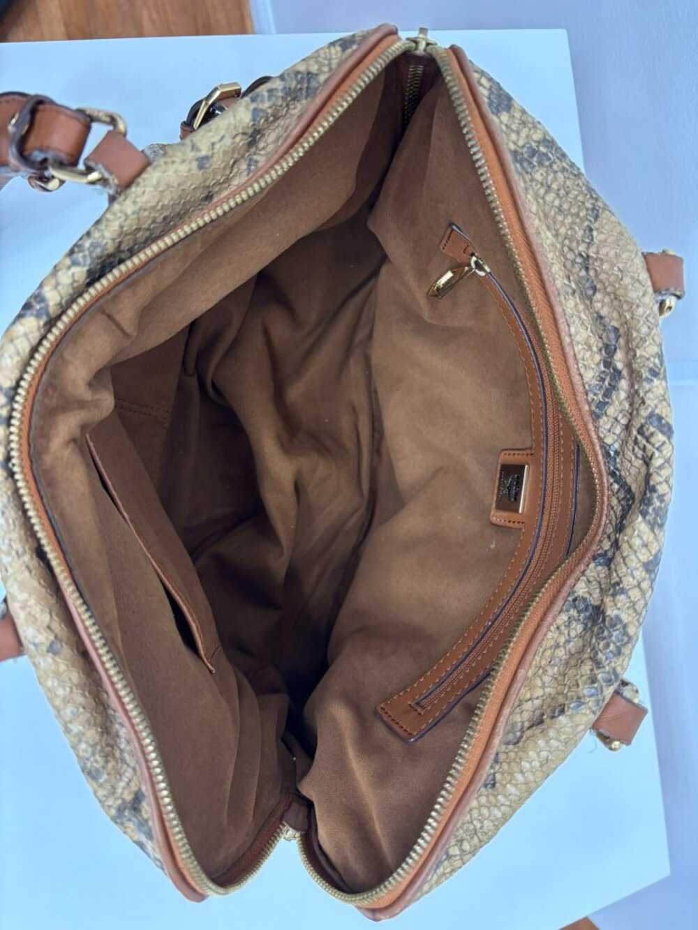 MCM Brown Python Snakeskin Leather Top Handle Satchel Shoulder Bag - Picture 7 of 8